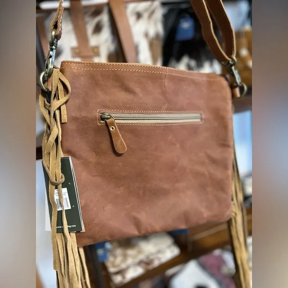NEW Myra Bag Hand-Tooled Leather Cowhide Fringe crossbody festival flower Gift 💡 - Picture 5 of 9